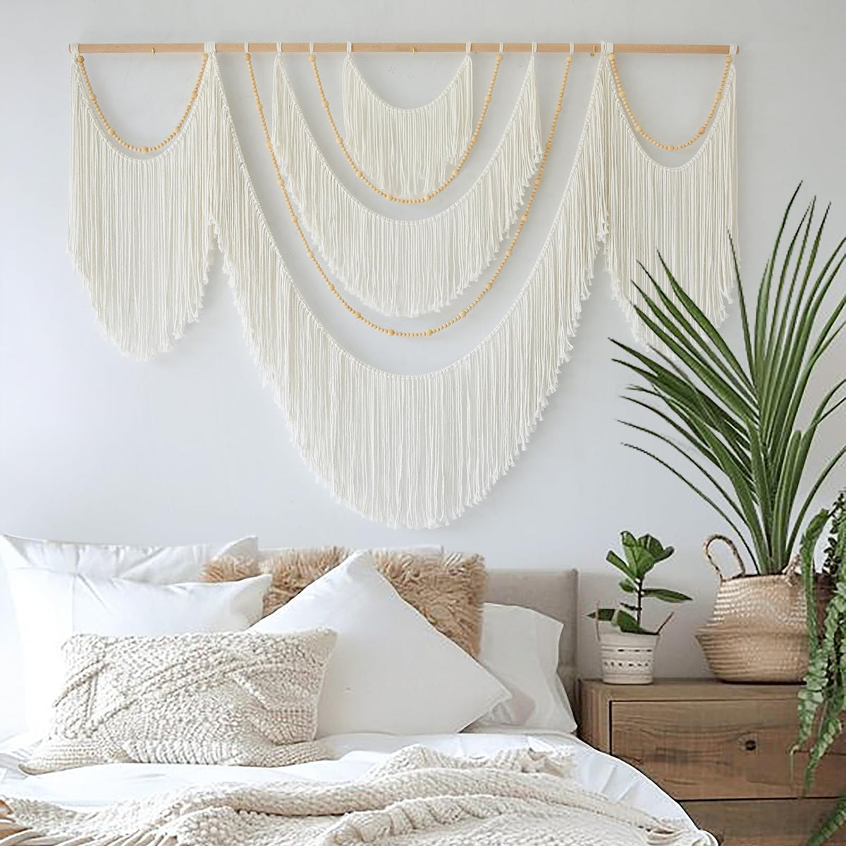 Flber Large Macrame Wall Hanging – Boho Yarn Art Garland with Tassels and Beads, Handmade Rope Decor for Nursery, Party, Wedding, Bedroom, Fireplace Mantel, or Photo Backdrop 57" W x 41" L