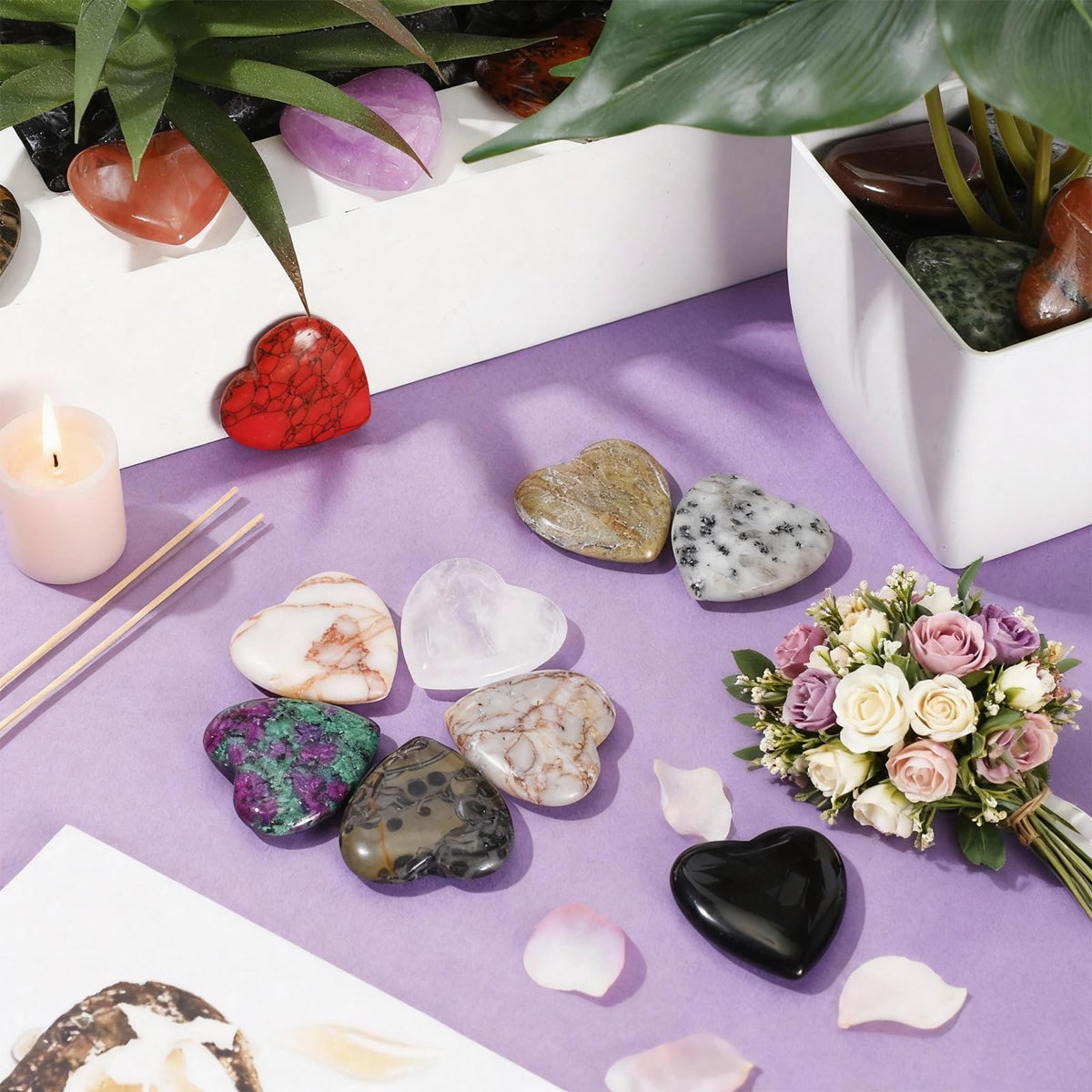 Nuenen 72 Pcs Natural Heart Shaped Crystal Stone 1.2 Inch Worry Stone Bulk Heart Palm Pocket Healing Carved Love Mini Gemstone Decor for Valentines Witchcraft Meditation