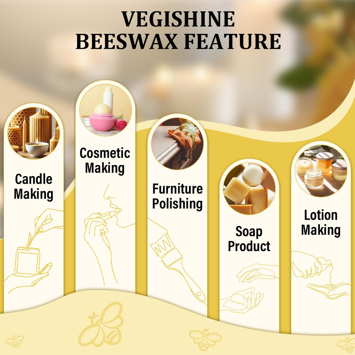 Beeswax pellets 5LB, VEGISHINE Pure and Natural Yellow Beeswax for DIY Skin Care, Lip Balm, Polishing, Lotion, Soap, Candle Making Supplies