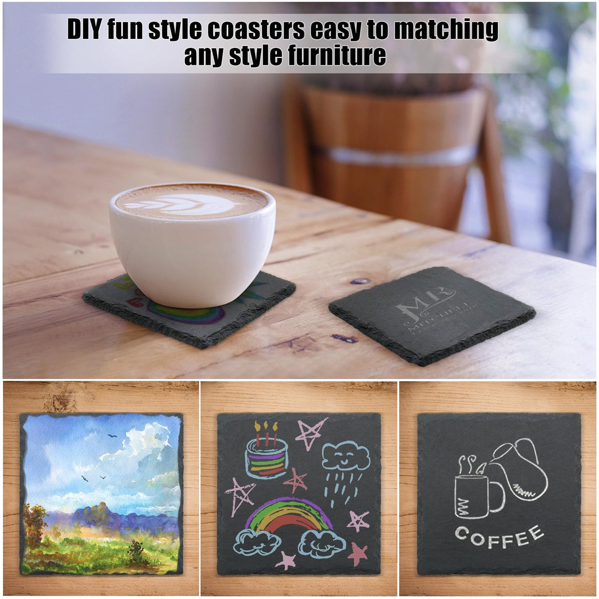 72 Pack Slate Drink Coasters, VIBRATITE 4 Inch Square and Round Black Slate Stone Coaster Bulk Laser Engraving Blank Handmade Decor Coasters for Coffee Bar Kitchen Home (36 Sqaure, 36 Round)