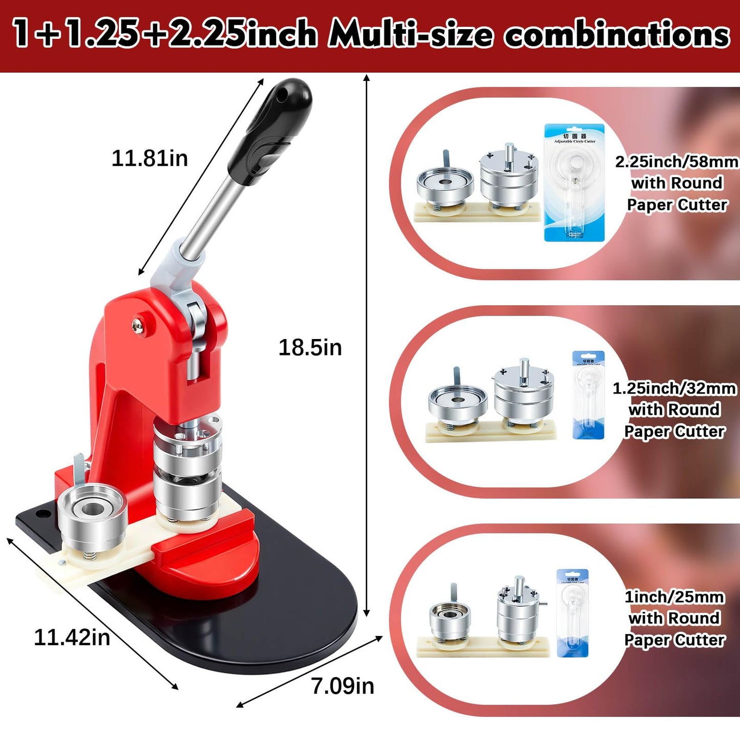 Lounsweer 1 Inch+1.25 Inch+2.25 Inch Button Maker Machine Multiple Sizes Pin Maker Interchangeable Button Models Badge Metal Press Machine with 300 Sets Supplies &Circle Cutter&Cutting Mat