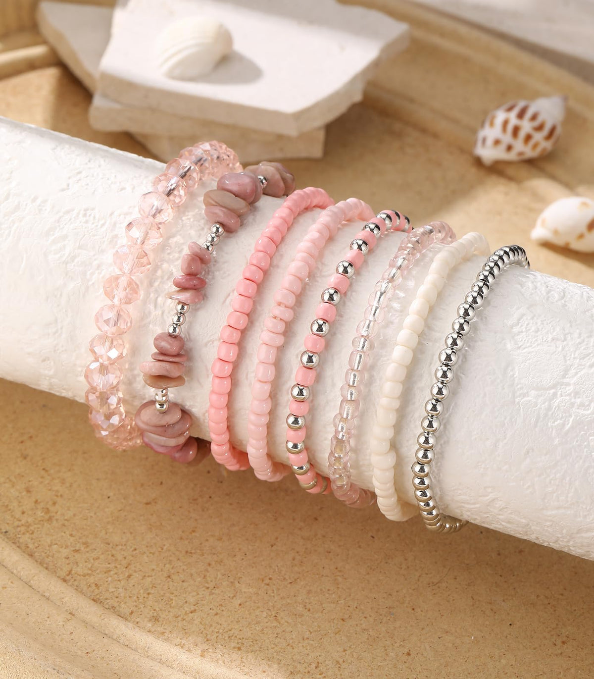 Noessla Boho Beaded Bracelets for Women Stackable Irregular Natural Stone Bead Stretch Bracelet Set 8PCS Costume Jewelry Gifts for Her(Pink)