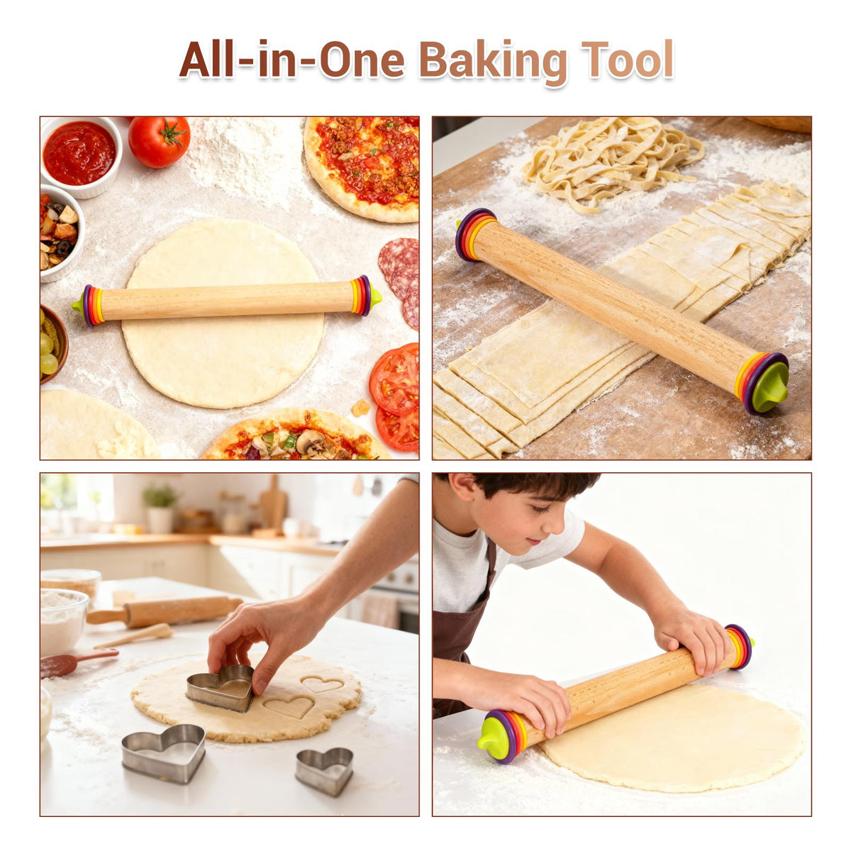Adjustable Rolling Pin with Thickness Rings, Wooden Dough Roller & 12 Stainless Steel Cookie Cutters Set – 5-in-1 Baking Kit for Pizza, Fondant, Pie, Cookies, Pastry, 17" Non-Stick Wood