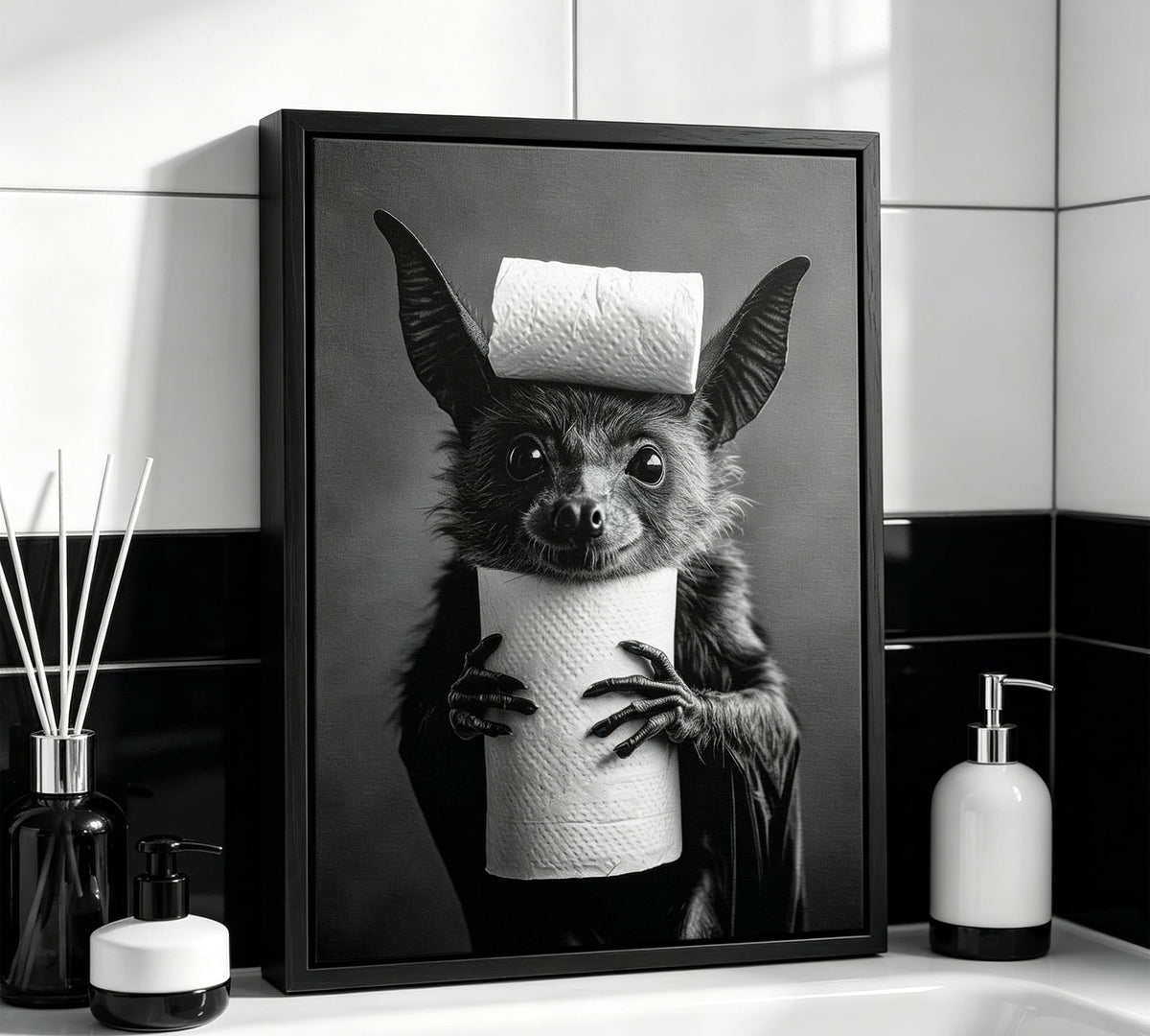 Funny Bat Bathroom Framed Wall Art, Black and White Cute Bat with Toilet Paper Wall Decor, Humorous Animal Bathroom Canvas Print for Restroom, Powder Room, Toilet, Home Decoration 8x10 Inch