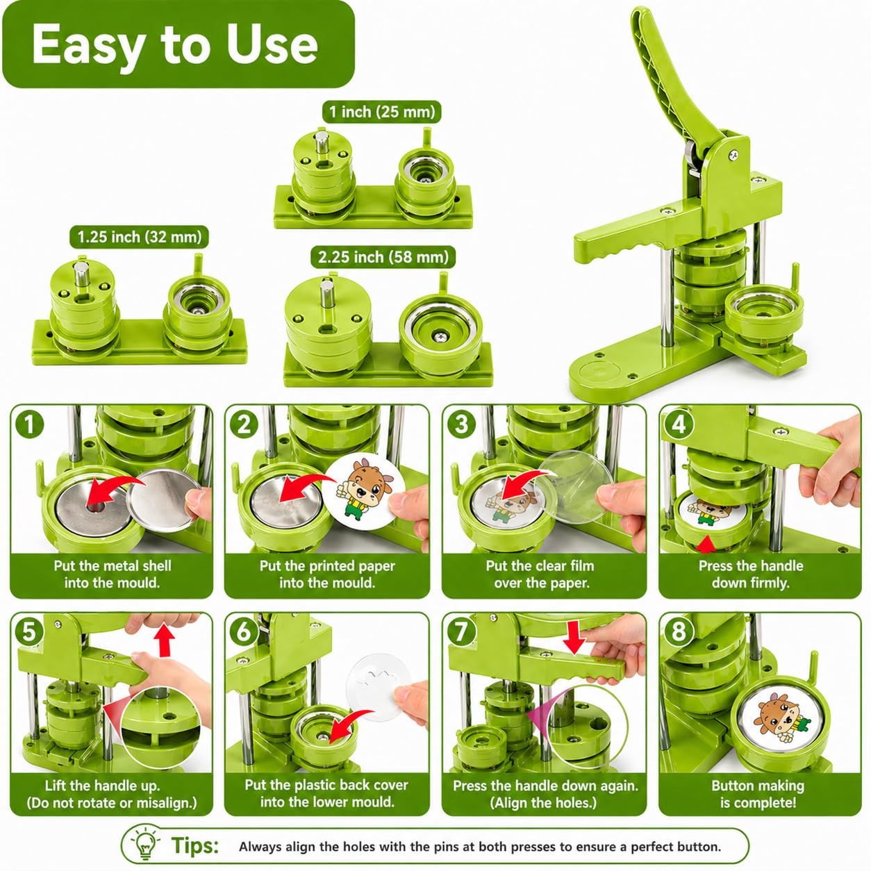 Pin Maker, Button Maker Machine, Pin Maker Machine Kit Includes 300Pcs Pins 25/32/58mm (1/1.25/2.25 inch), 3 Circle Paper Cutters, DIY Button Pin Maker, Button Badge Press Machine(Green)