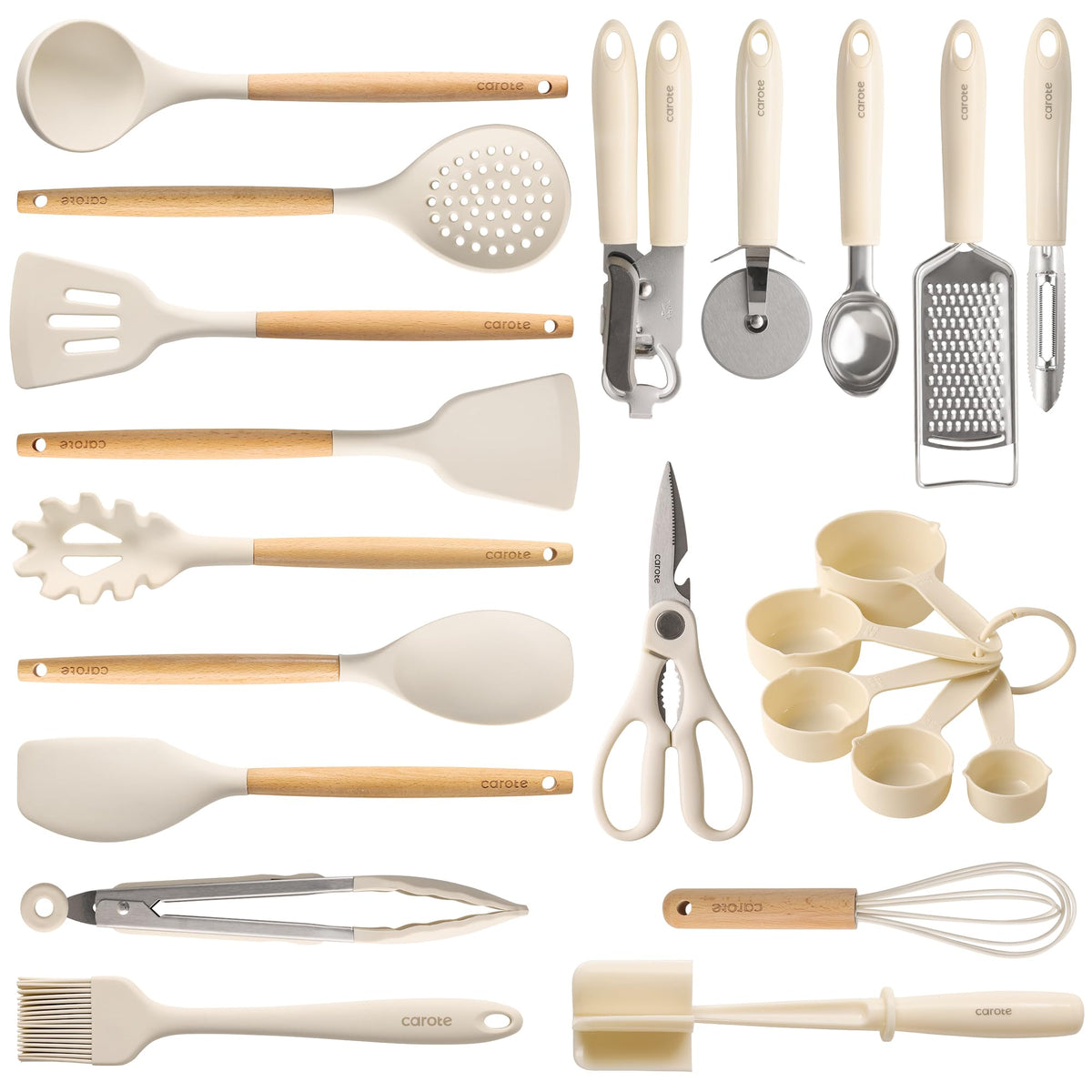 CAROTE 22pcs Silicone Cooking Utensils Set, 446°F Heat Resistant Kitchen Utensils Gadgets Set, Spatula, Turner, Whisk, Tongs