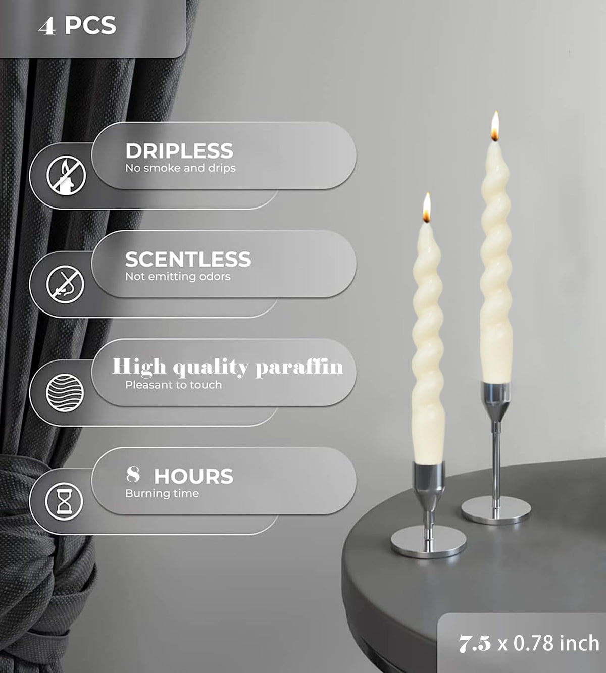 MAITREYA Ivory Taper Candles Stick Spiral Twisted Candles Set of 4 for Decoration Weddings Party Church-Unscented Dripless Candles7.5inch(A-Ivory)