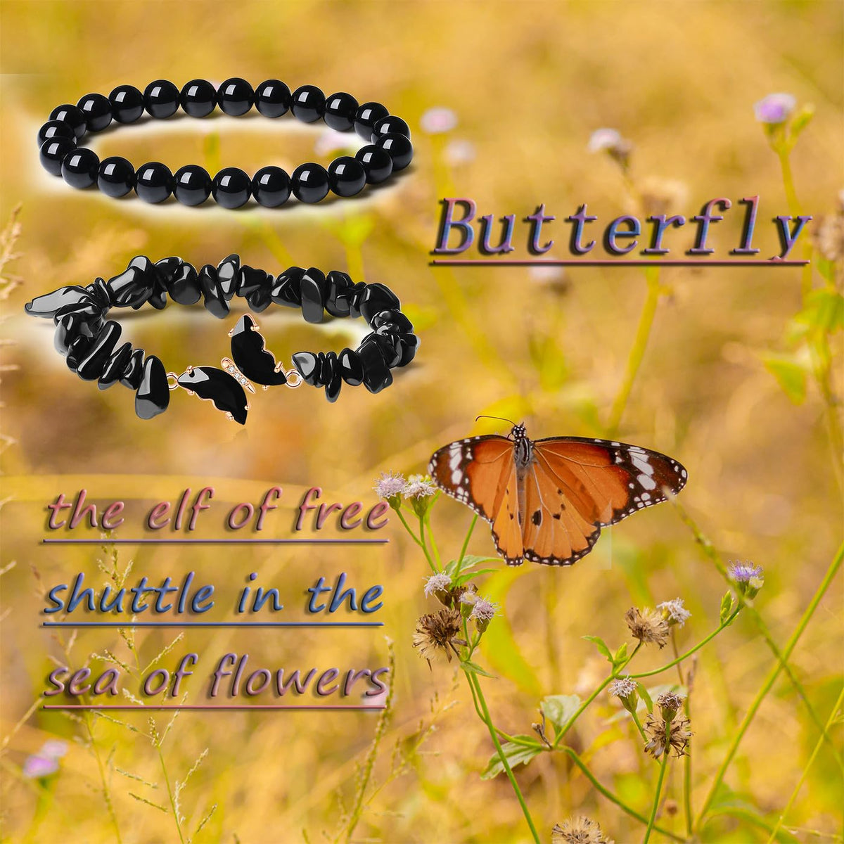 DUQGUHO 2Pcs Black Butterfly Bracelets for Women Obsidian Bracelets Gifts for Women Healing Crystal Bracelet Natural Gemstone Stretchable Jewelry 8mm Black Crystal Beaded Bracelet Gift for Birthday