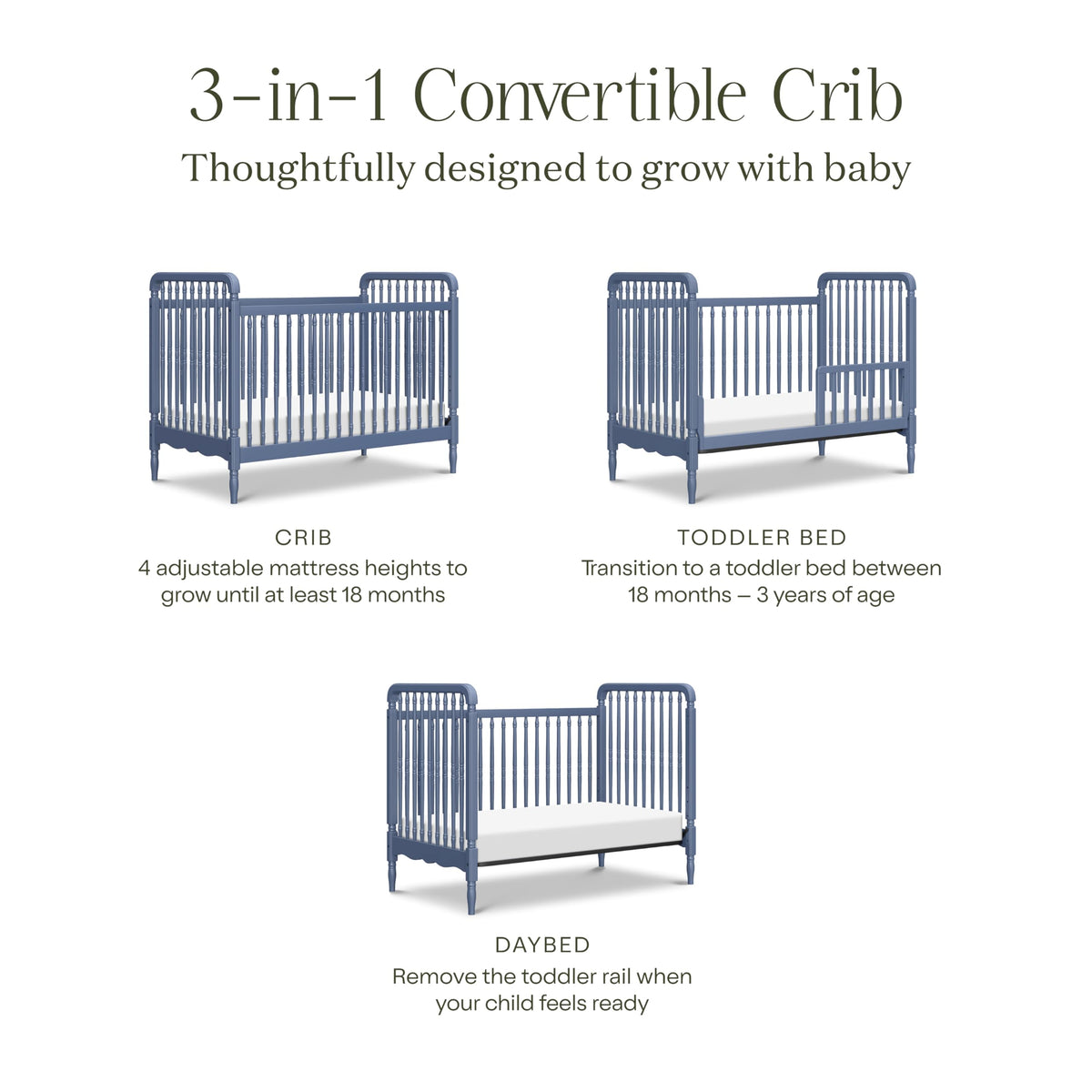 Namesake Liberty 3-in-1 Convertible Baby Crib - Greengurad Gold Certified - Wooden Convertible Baby Crib to Toddler Bed, Daybed - Durable & Easy to Assemble, 4 Adjustable Mattress Heights - Cove Blue
