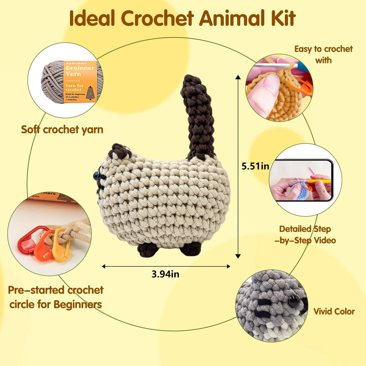 Zepiany Crochet Kit for Beginners, Crochet Cat Beginner Crochet Kit for Adults, Amigurumi Crochet Animals Cat Crafts Crochet Kits, Easy Knitting Kit Galentines Day