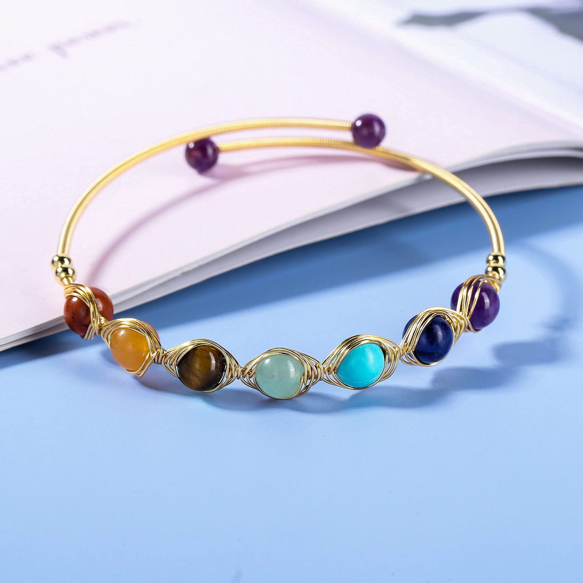 Top Plaza 7 Chakra Yoga Meditation Bracelet Healing Crystal Stone Bead Cuff Bracelets Adjustable 14K Gold Plated Bracelets for Women Ladies Birthday Gifts