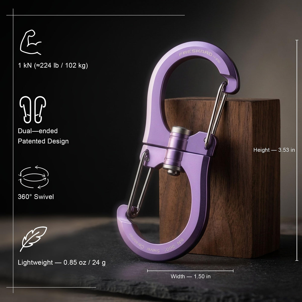 FresKaro 1kN Carabiner Clips, Heavy Duty Double-Ended Wire Gate Carbineers, Small Non Locking Carabiners, Key Clip and Keychain Hook, Strong Aluminum Spring Snap Karabiners, 360 Swivel, Purple 5pcs