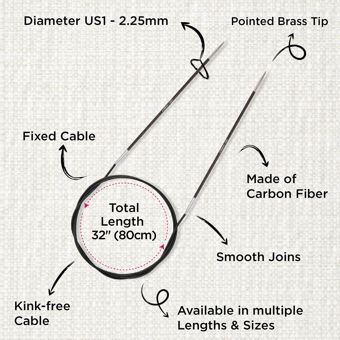 KnitPro Karbonz Fixed Circular Needle 32"(80cm) | US Size 1 (2.25mm)