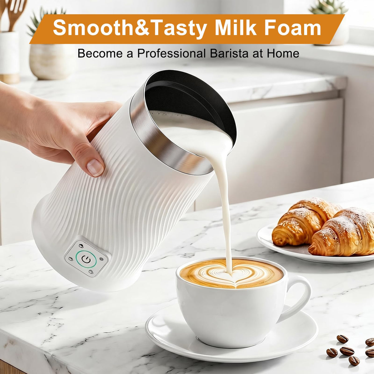 Wowteam Milk Frother, 4-in-1 Electric Milk Steamer, Warm and Cold Milk Warmer and Foam Maker for Coffee, Latte, Cappuccinos, Macchiato, 8.2oz/240ml, Stainless Steel, White