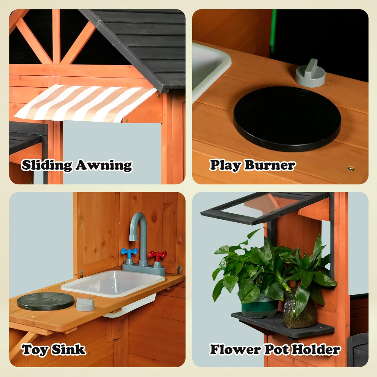 Easy Playhouse: Big Outdoor Wooden Playhouse - Working Door & Windows, Side Serving Station & Bench, Sink & Stove, Backyard Creative Toy Home, Kids 3+