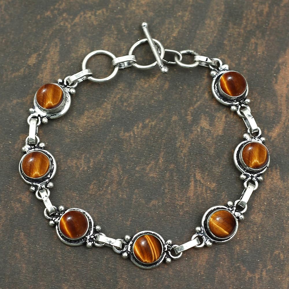 Natural Tiger Eye 925 Silver Plated Round Gemstone Adjustable Bracelet for Women - November Birthstone Bohemian Vintage Style Handmade Jewelry Bracelet - Gift for Her