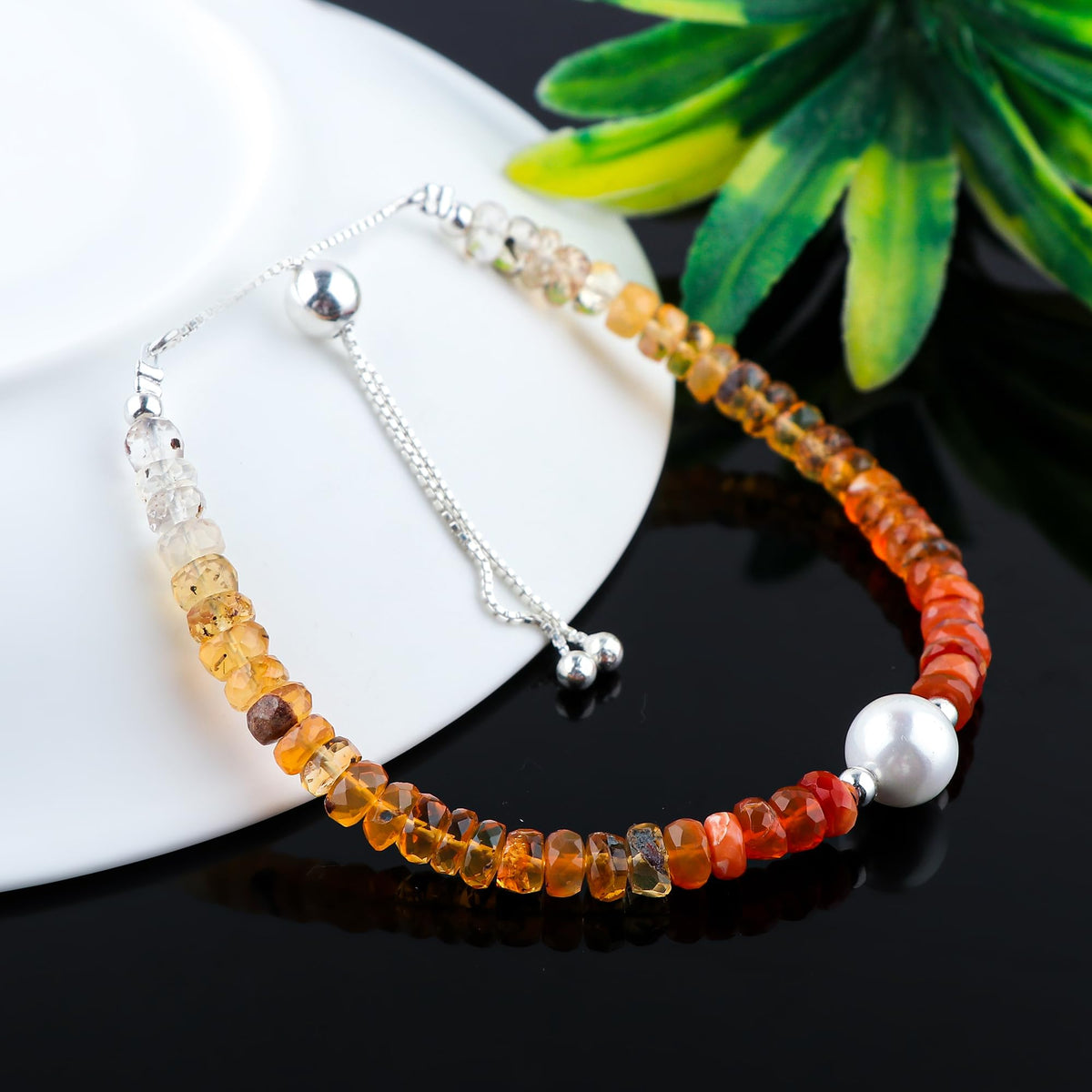 CRYSTALINES Natural Fire Opal Gemstones Beads Bolo Bracelets with Pearl, Handmade, Beaded Crystals Jewelry, Women Bracelet, Real Mexican Opal Stones, Silver Plated, Adjustable Slider Chain-10inch
