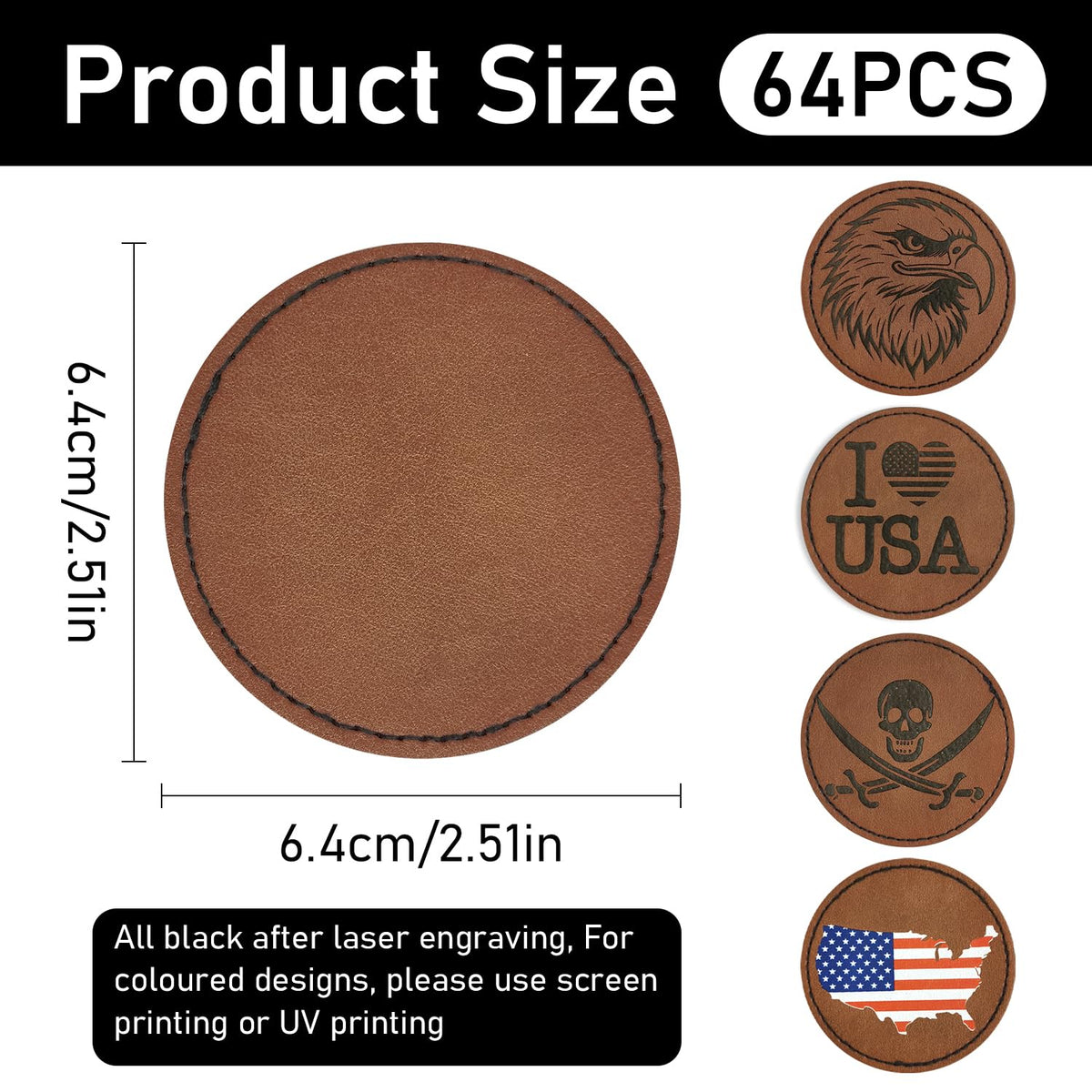 J.CARP 64Pcs Blank Leatherette Hat Patches with Adhesive, Iron on Leather Patches for Hats, Laser Engraving Heat Press Leather Patch for Fabric Clothes Repair Repair Brown Round