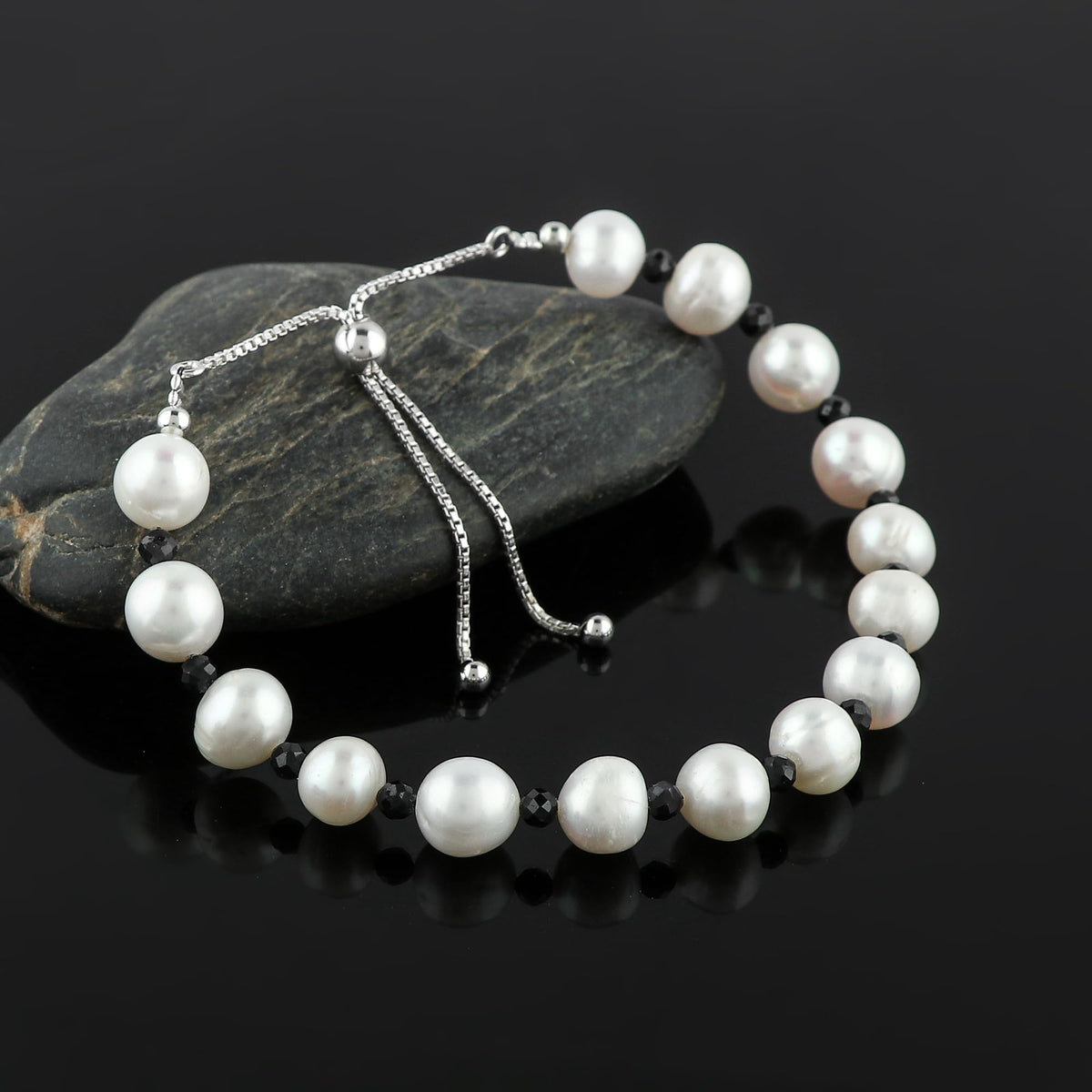 CRYSTALIS Natural Blue-Sapphire And Freshwater Pearl Beaded Bracelet, Elegant Beads Crystal, Chakra Bracelet, Healing Bracelet, Gemstone Jewelry, 925 Sterling Silver Slider 10 inch