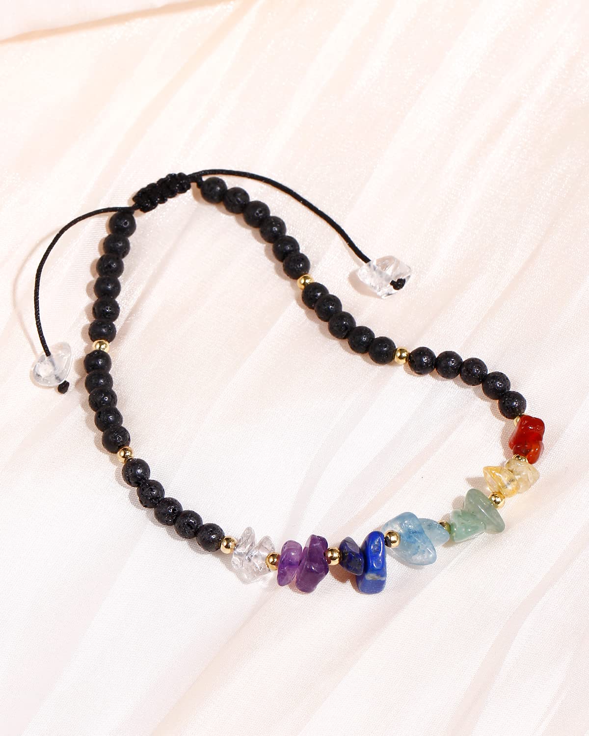 Jewever 7 Chakra Chip Tumbled Real Stone Beaded Anklet Bracelet for Women Power Energy Healing Crsyatls and Gemstones Beach Foot Adjustable (Lava Stone)