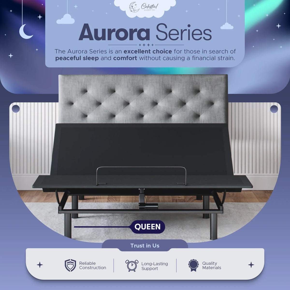 Celestial Sleep Aurora Adjustable Bed Base (Frame Only), Easy Assembly, Head and Foot Lift, Zero Gravity, Memory Positions - Queen