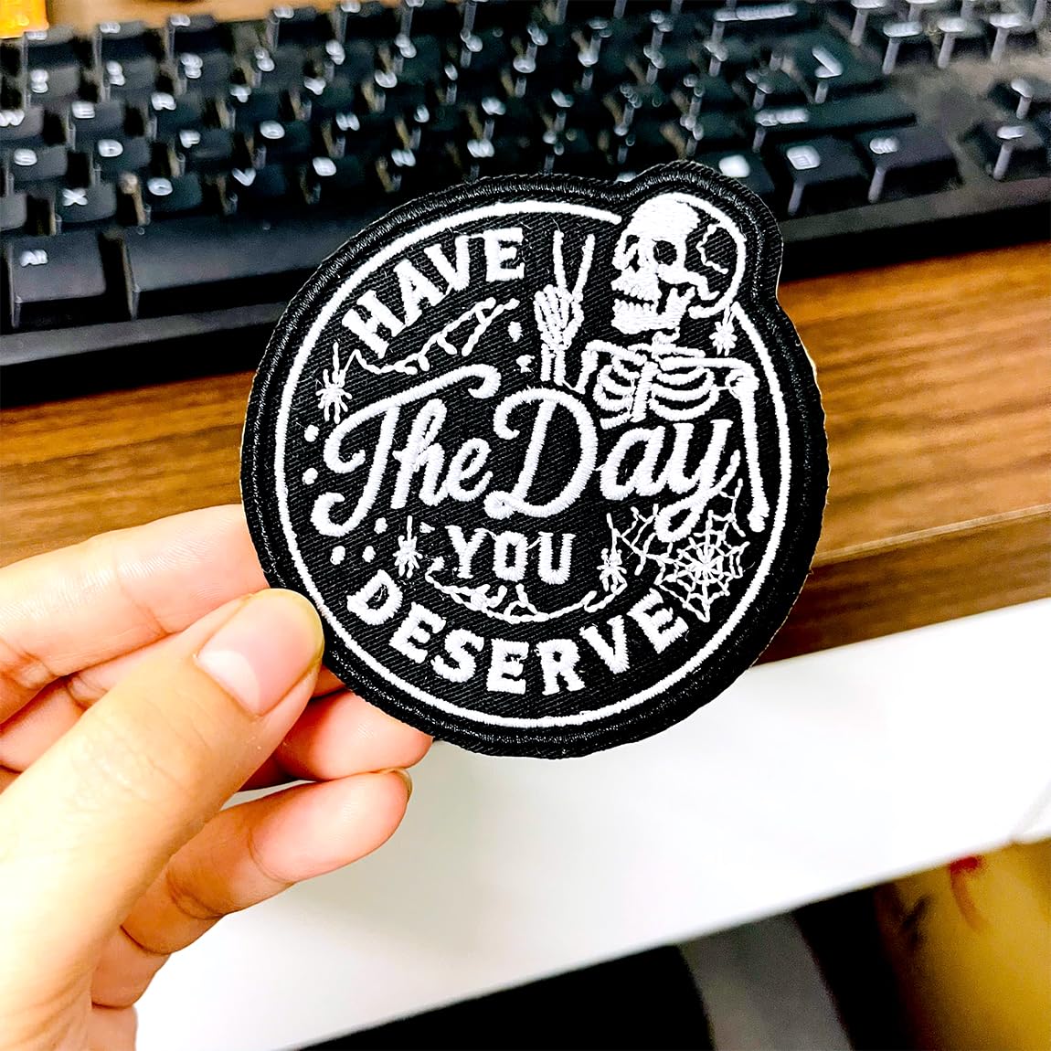 (3Pcs) Have The Day You Deserve Iron-On Embroidered Patch, Black and White Skeleton Design, Set for Jackets, Backpacks, Hats, Vests – 3 Inch