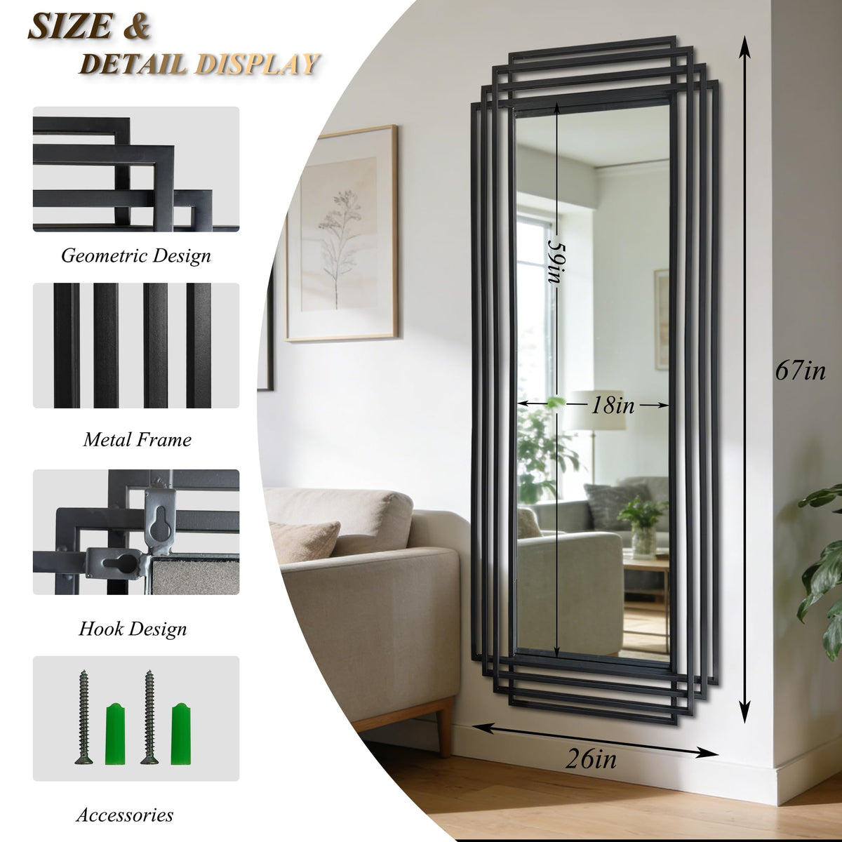 DAOYIJIAJU Geometric Full Length Mirror, 67"x26" Large Rectangle Aesthetic Mirror with Metal Frame, Art Deco Wall Mirrors for Living Room Entryway Hallway Cloakroom, Horizontal or Vertical Hanging