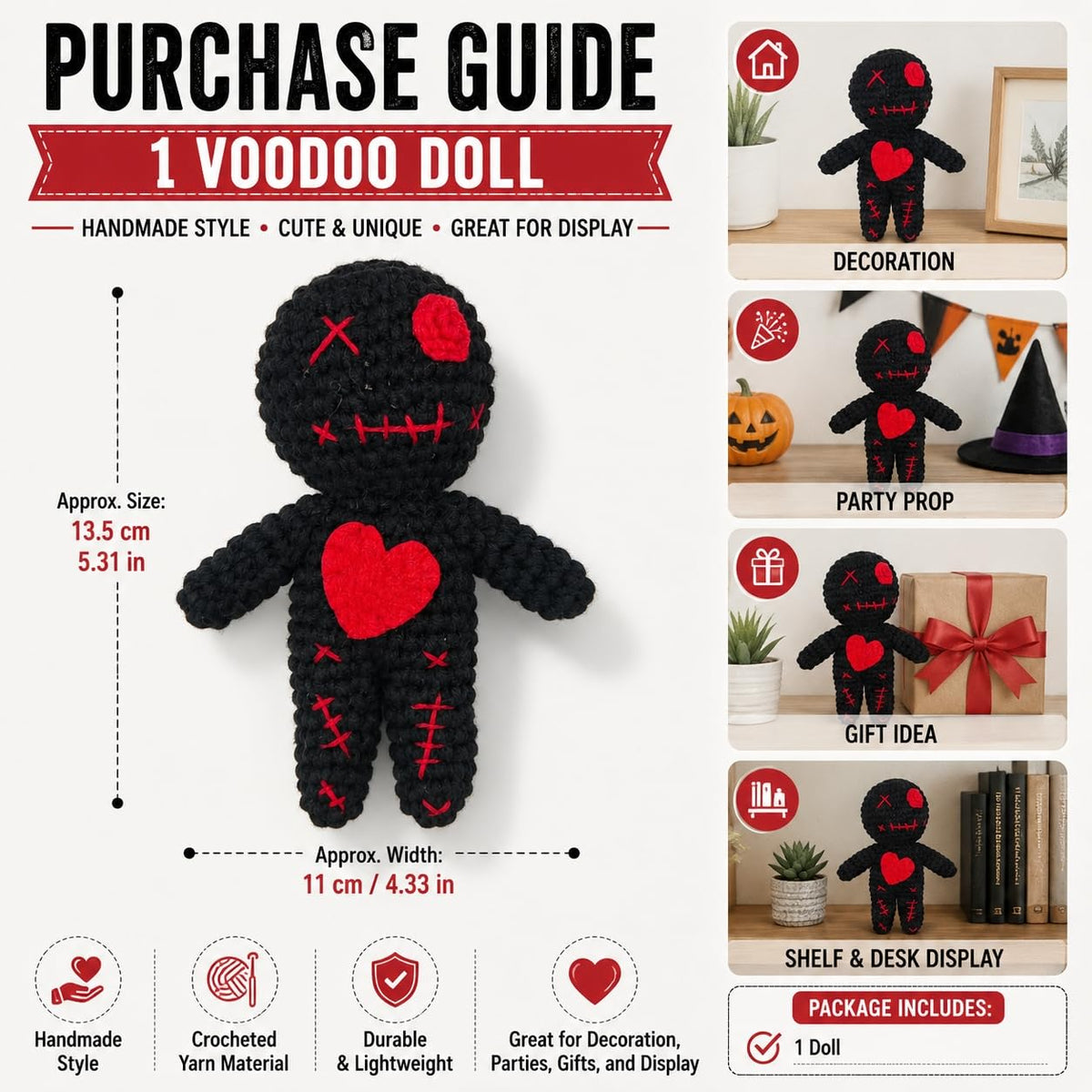 Creepy Voodoo Doll Funny Crochet Ghost Ornaments Stress Relief Fidget Toy Spooky Gothic Decor Handmade Knitted Emotional Support Plush for Halloween Christmas Prank Gag Gift (Black)