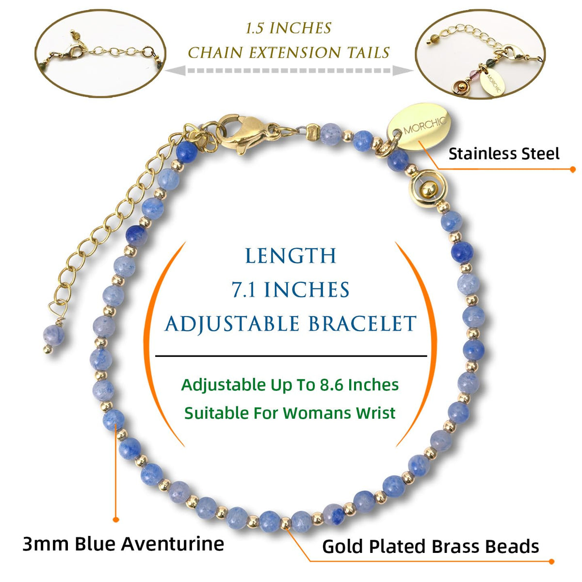 Morchic 3mm Blue Aventurine Natural Gemstone Beaded Bracelet for Women, Dainty Tiny Charm Jewelry, Adjustable 7.1-8.6", Ideal Birthday Holiday Gift