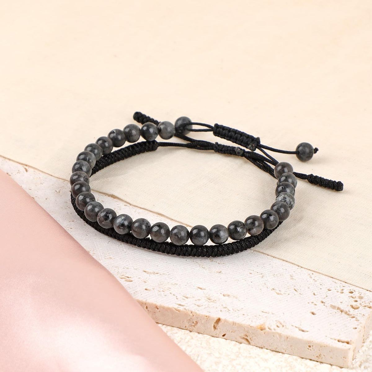 LPBeads 6mm Larvikite Bracelet with Handmade Rope Bracelet Size Adjustable Natural Stone Crystal Healing Bracelets Gifts for Unisex Adults