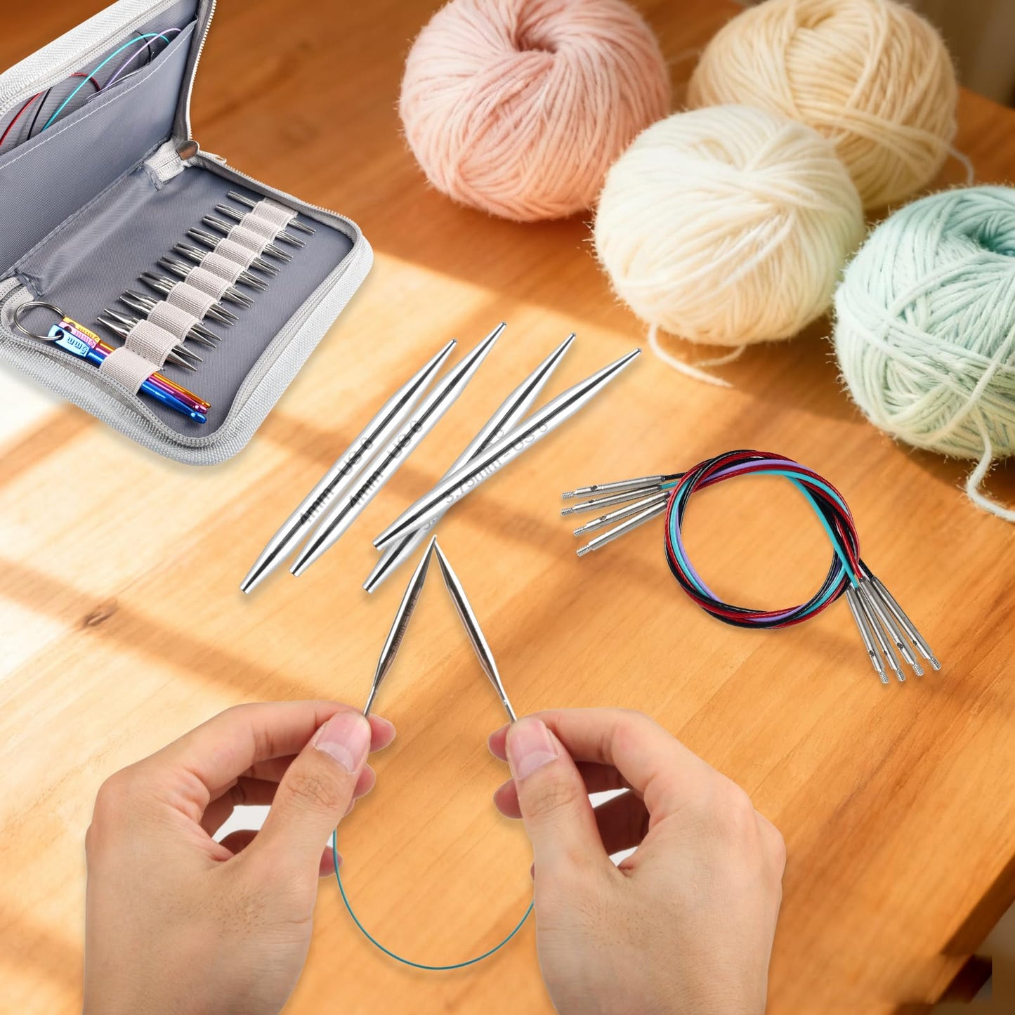 Svartur 2 inch Interchangeable Circular Knitting Needles, Stainless Steel Shorties Interchangeable Knitting Needles with 4 Assorted Cables, Storage case