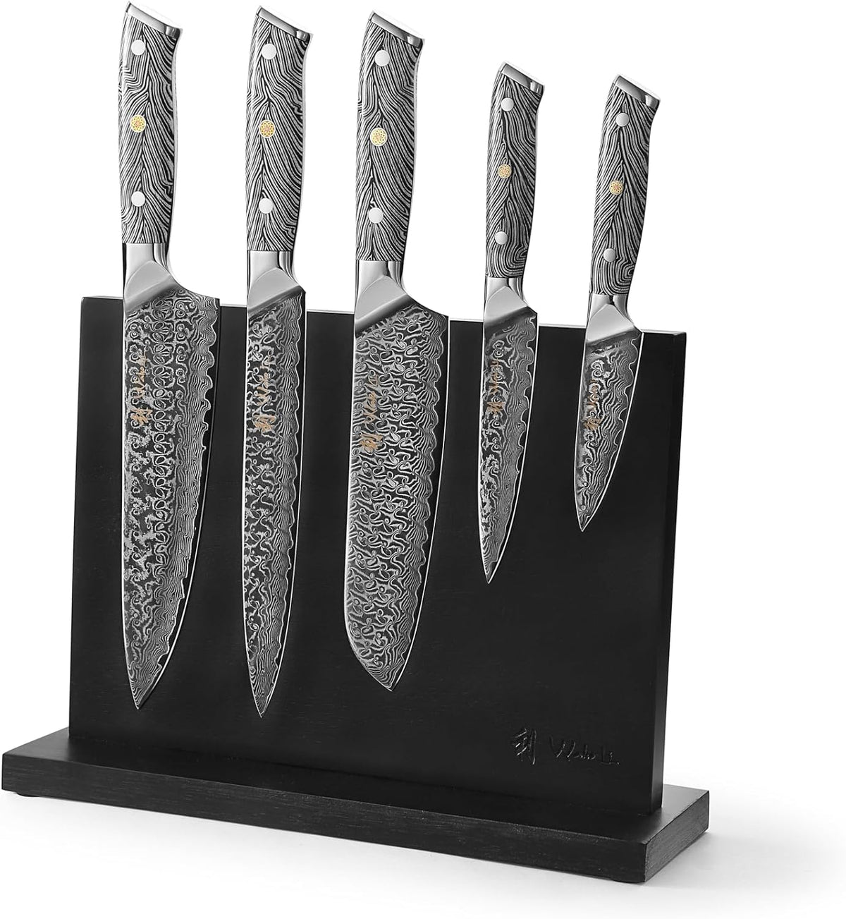 Wakoli Noir Blanc Damascus Knife Block Set – 5-Piece Professional Chef Knife Collection with Magnetic Block – Kitchen Knives made of 67-Layer Damascus Steel Blades & Ergonomic G10 Handles in Gift Box