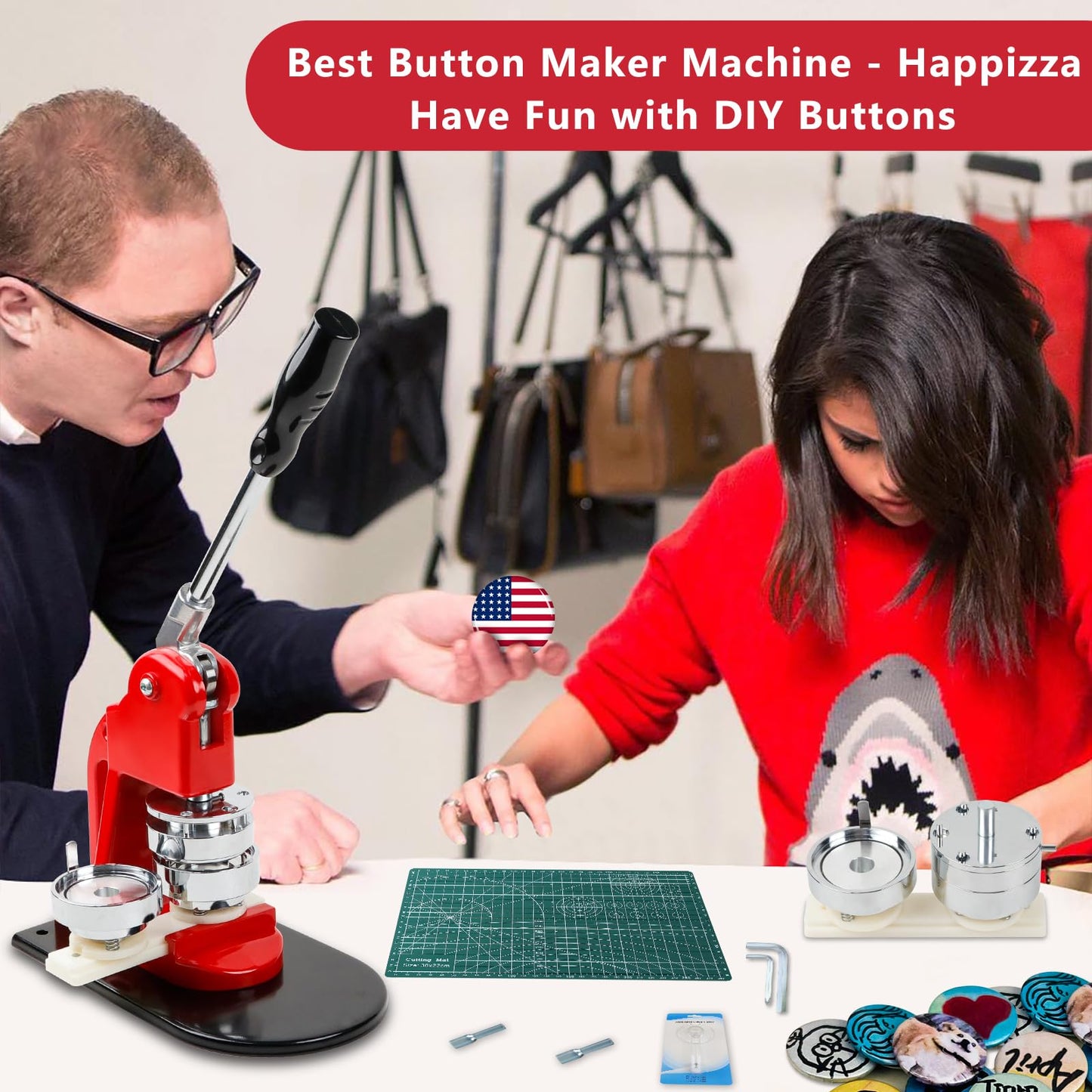 Happizza Button Maker Machine Multiple Sizes, Button Pin Maker 1+1.25+2.25 inch, Interchangeable Button-models Badge Button Press Machine with 300 Sets Button Maker Supplies &Circle Cutter&Cutting Mat