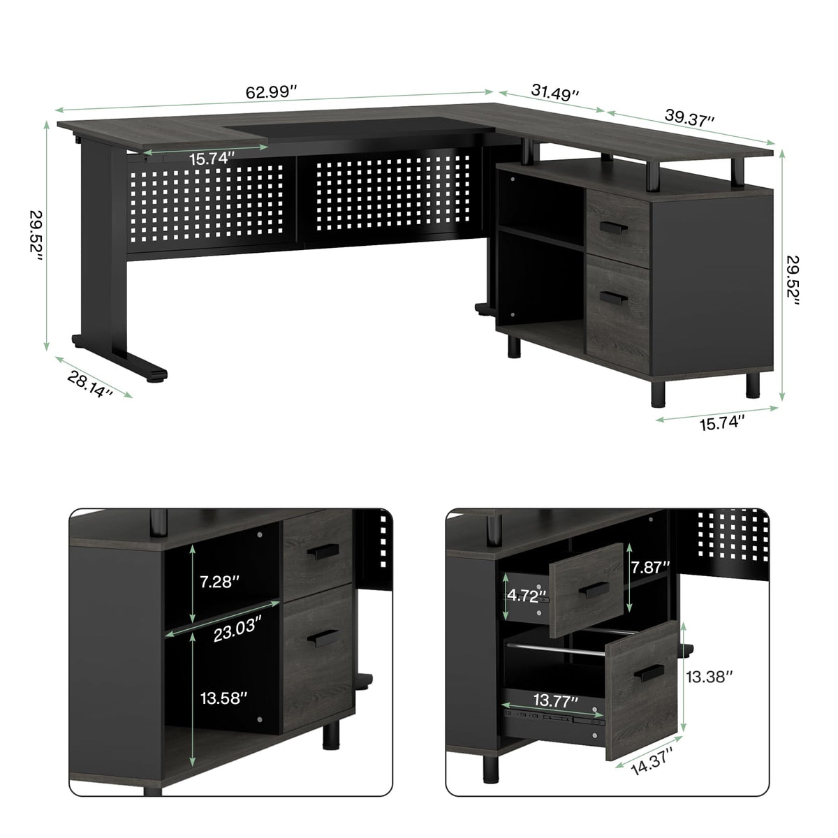 Tribesigns 63 Inch Executive Desk with File Cabinet, L Shaped Office Desk with Drawers and Storage Shelves, Business Furniture Set Workstation for Home Office, Gray and Black