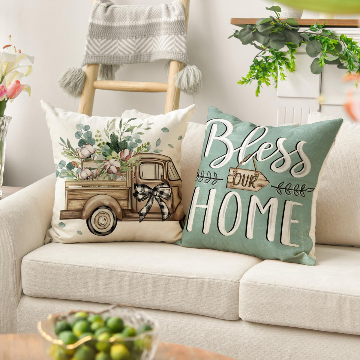 AVOIN colorlife Bless Our Home Farmhouse Eucalyptus Leaves Throw Pillow Covers, 20 x 20 Inch Blue Truck Home Sweet Cushion Case Decorations Set of 4
