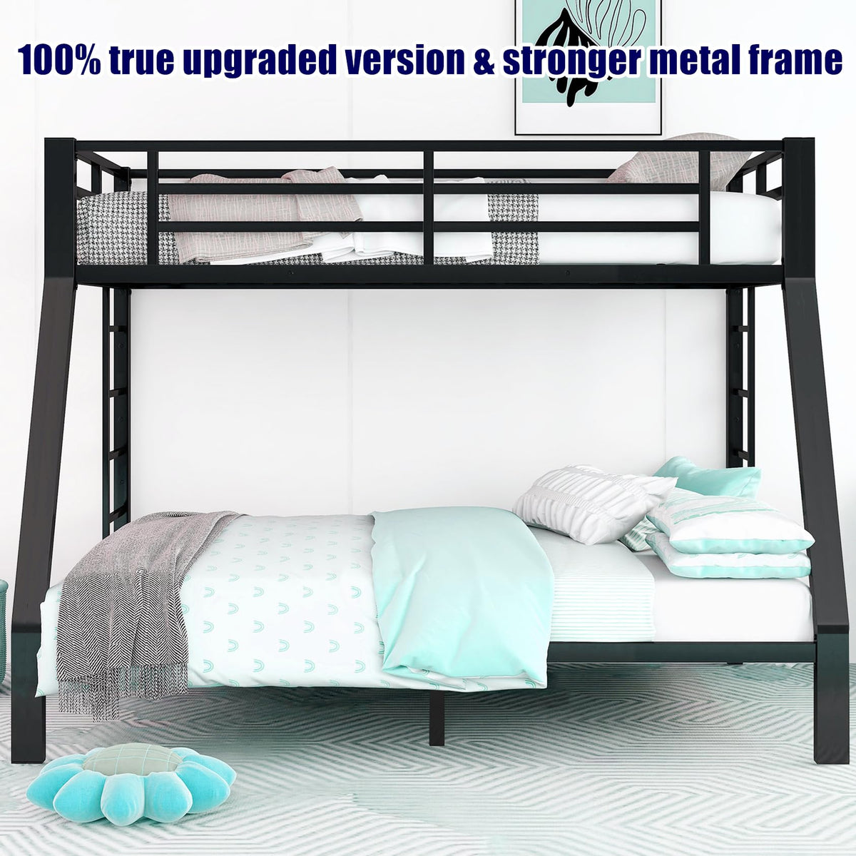 LEEKAF Stronger & Higher Quality Heavy Duty Metal Bunk Bed Twin XL Over Queen Size Bunkbed, Thickened Safer More Stable Steel Queen Bunk Bed (Faster Assembly) (Twin XL Over Queen)