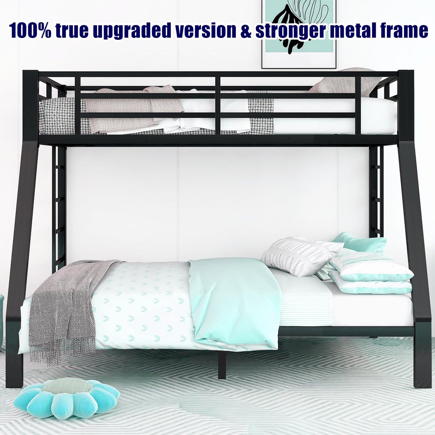 AOOMEEC Higher Quality & Stronger Metal Twin XL Over Queen Bunk Bed, Thickened Heavy Duty More Stable Safer Black Steel Bunkbed Bunk Queen Bed (Easier to Assemble) (Twin XL Over Queen)