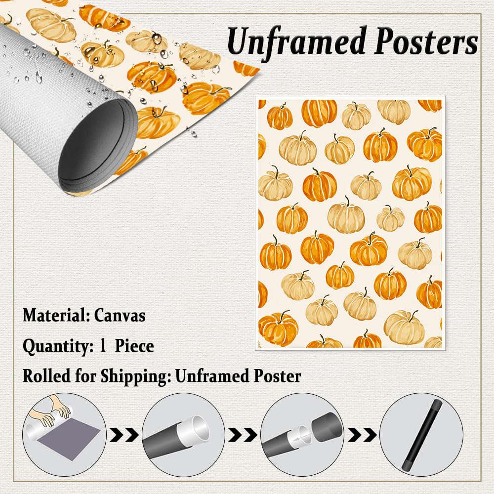Pumpkin Pattern Wall Art – Modern Fall Illustration Print with Beige and Orange Gourds, Seasonal Autumn Canvas for Farmhouse Dining Room or Entryway 12x16in Unframed