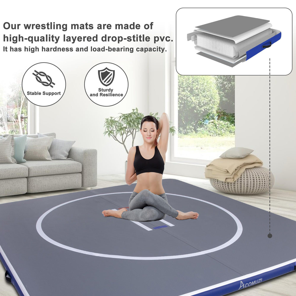 ACOMUZI Inflatable Wrestling Mat 13FT/10FT/5FT, Portable Jiu Jitsu Mats Wrestling Mat for Home, Outdoor or Indoor Training Mat for Water Yoga, Gymnastics, BJJ, MMA (Gray+Blue, 13FTx13FT×4inch)