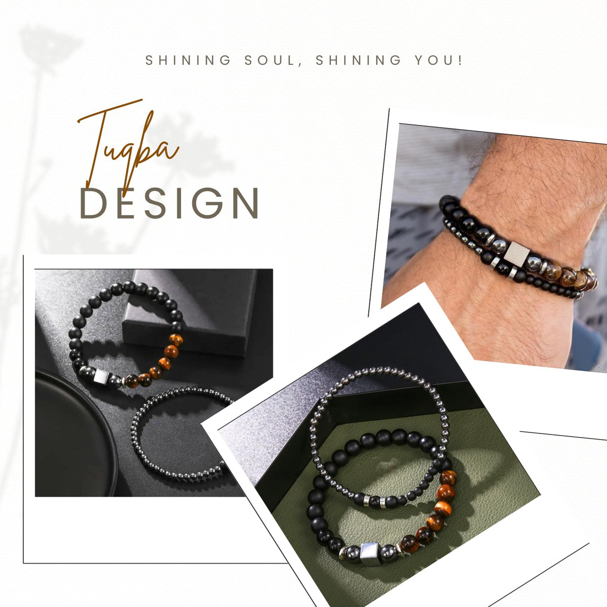 TUQBA 2 PCS Triple Protection Bracelet Set for Men Tiger Eye, Hematite, Onyx Beaded Natural Stone Healing Crystals Jewelry Christmas, Fathers Days Gift, Baptism, Birthday Gift