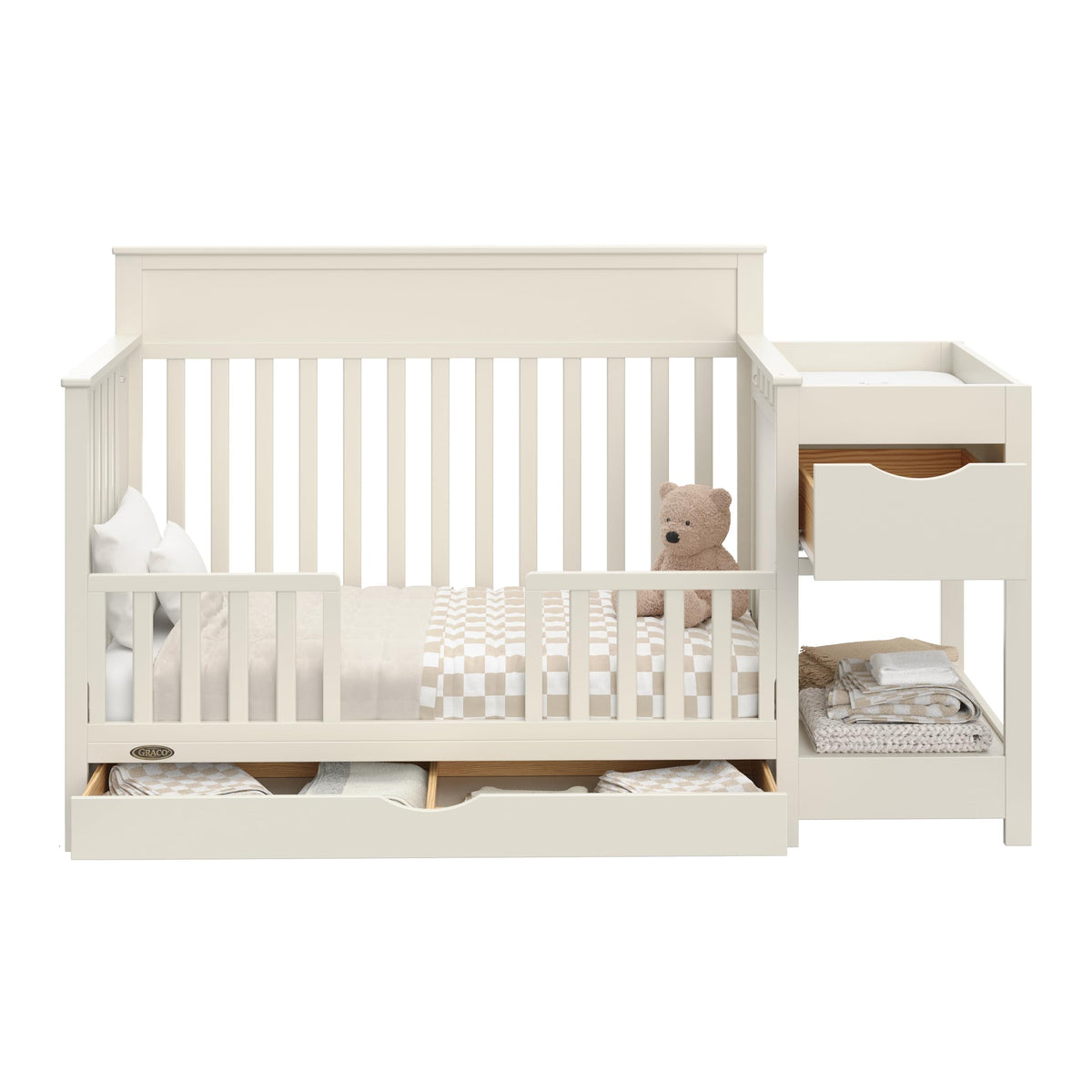 Graco Shiloh 5-in-1 Convertible Crib & Changer with Drawer – GREENGUARD Gold Certified Baby Crib Crafted from Wood, Converts to Toddler Bed, Daybed, and Full-Size Bed (Frosted Oat)