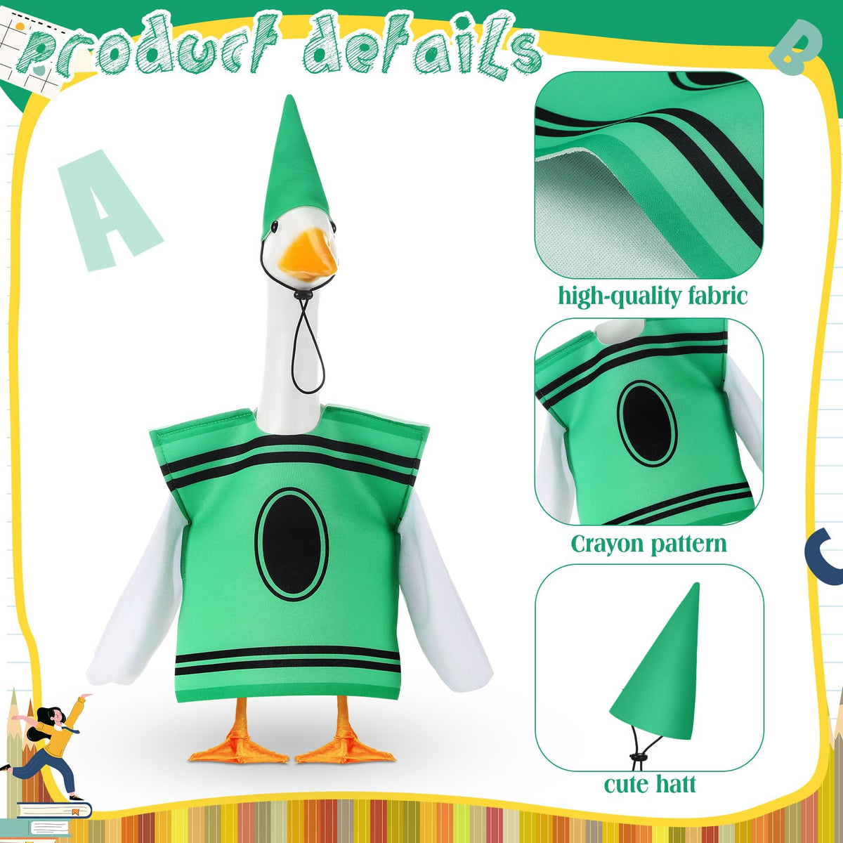 Geyoga Back to School Porch Goose Outfit 23" Classroom Goose Clothes Lawn School Garden Patio Yard Outdoor Decorations(Green,Crayon)