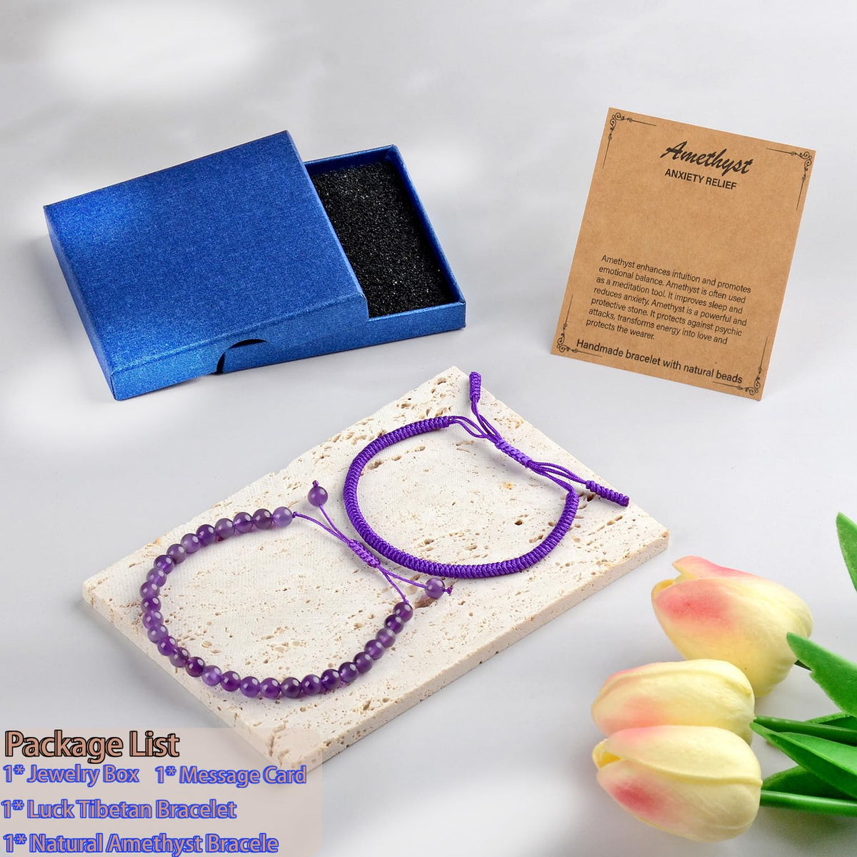 LPBeads 6mm Purple Amethyst Bracelet with Handmade Rope Bracelet Size Adjustable Natural Stone Crystal Healing Bracelets Gifts for Unisex Adults