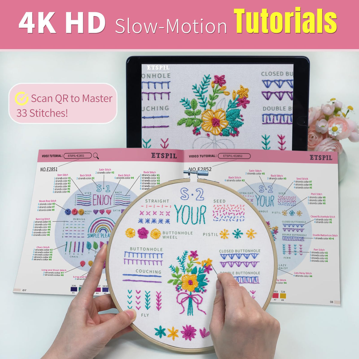 ETSPIL Embroidery Starter Kit for Adults, 3 Simple Patterns to Master 33 Stitches, Easy Step-by-Step 4K HD Video Tutorials & Bound Guide, DIY Craft Gift for Teens