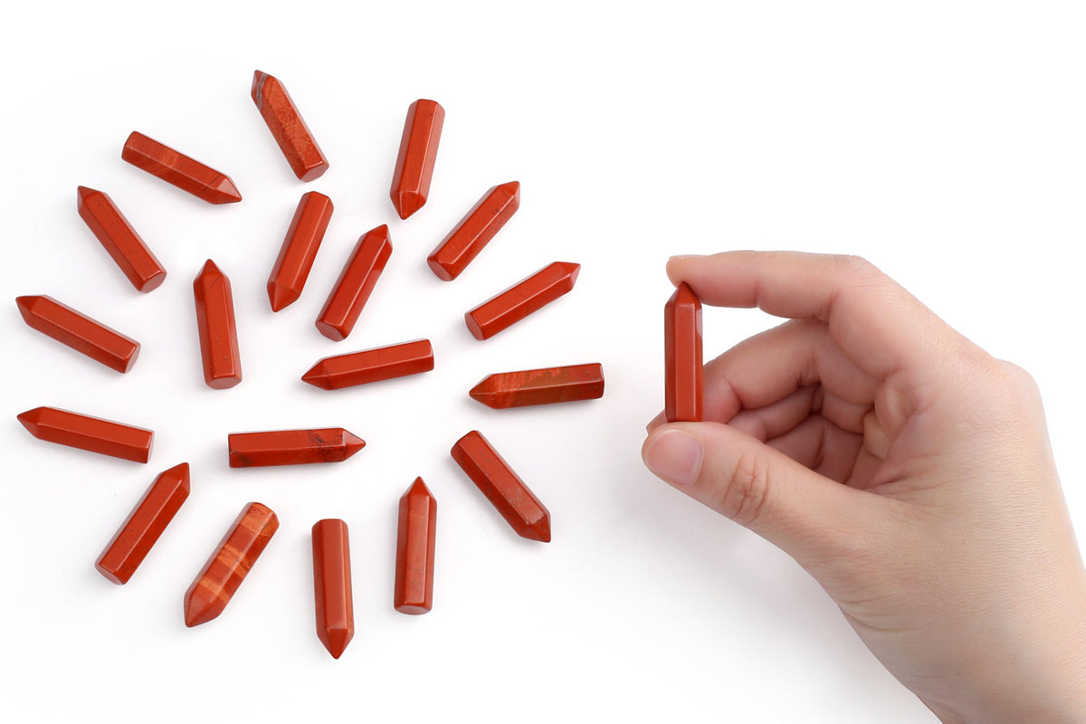 QINJIEJIE Red Jasper 20 PCS Healing Crystals Stones Sets Wands Bulk Natural Pocket Crystal Towers Assorted Pointed Reiki Gemstones Polished Energy Meditation Chakra Gifts for Women Men
