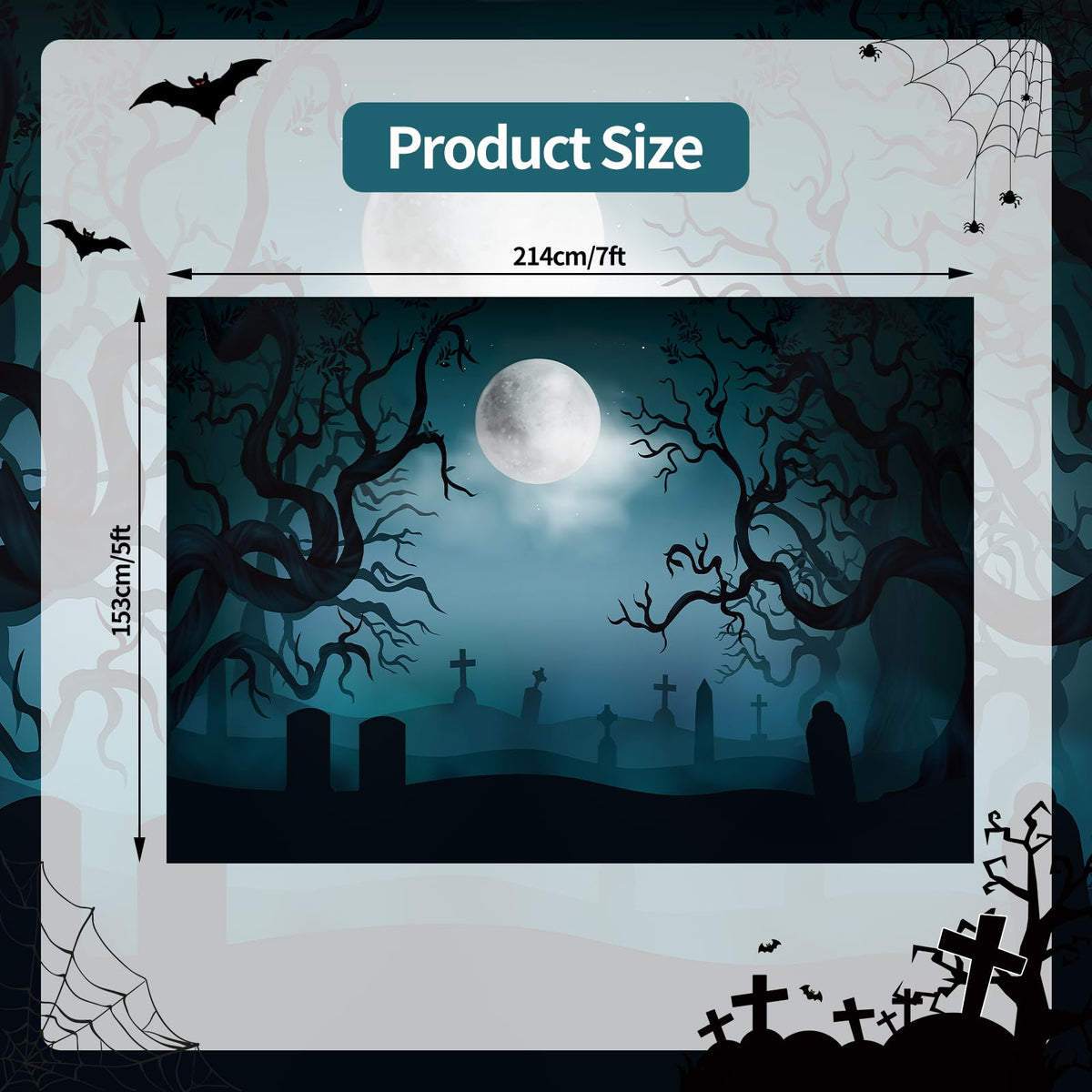 7 x 5 FT Halloween Backdrop - Large Dark Night with Moon, Tombstones Forest Design Wall Hanging Background Spooky Photography Photo Booth Props for Indoor Outdoor Garden Haunted Party Decorations