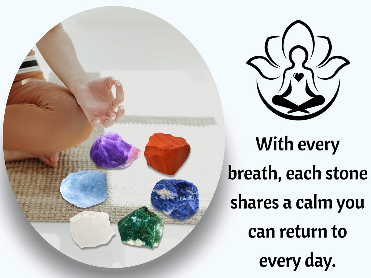 Amazing Gemstone Crystals for Diabetes Support, Set of 6 Moss Agate, Blue Calcite, Sodalite, Clear Quartz, Red Jasper and Amethyst Healing Crystals and Stones