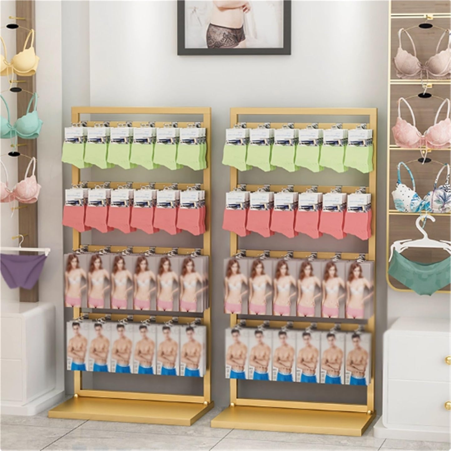 53in Underwear Display Stands, Metals, Freestanding Clothing Store Boutiques Retail Lingerie Garment Rack, Commercial Shelves, for Socks Bra Panties Scarves, 4 Layer(Black)