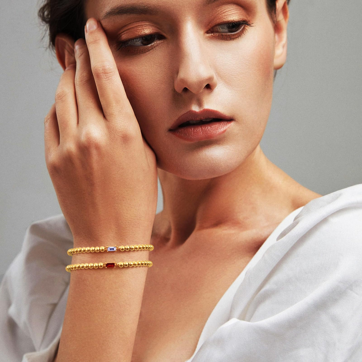 Free bird Enewton Bracelets 14K Gold Plated Gold Beaded Bracelets Dainty Stretch Gold Bracelet Stackable Garnet Bracelets for Women January Birthstone Jewelry for Birthday Gifts