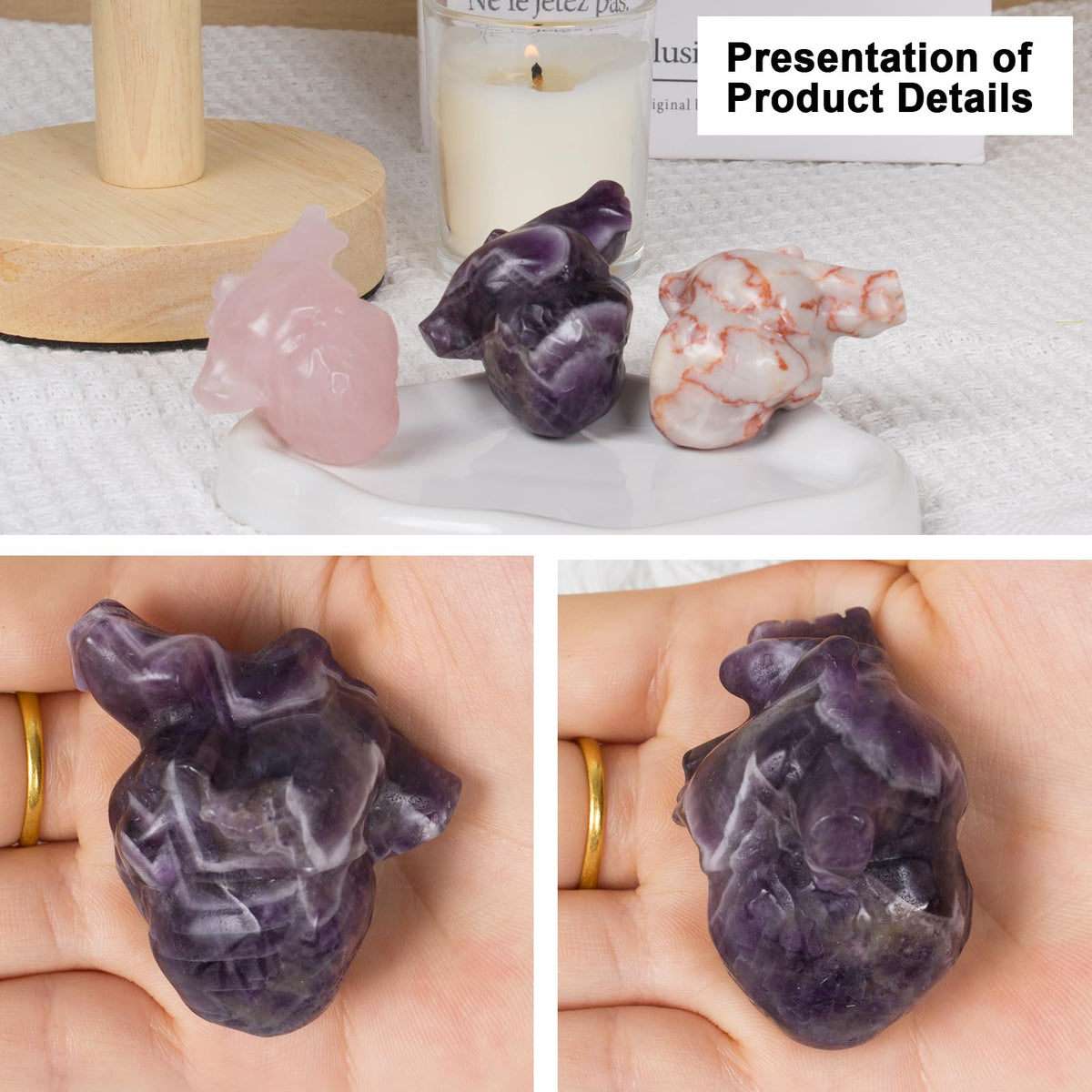 QLRSUXN Amethyst Heart Crystal Figurines, 2.1 Inch Crystal Heart Love Statue for Home Decor, Meditation and Stress Relief, Hand Carved Natural Healing Stone Cardiac Sculpture Spiritual Gift for Women
